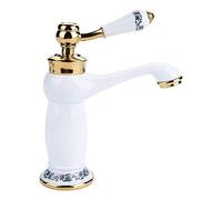 Faucet Antique Brass Floral Pattern Single Handle Mixer Tap with Standard Fittings Cold/Hot Water Faucet for Bathroom (White)