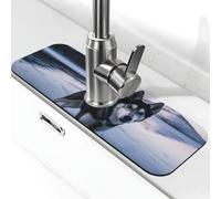 Faucet Mat for Kitchen Sink Splash Guard Super Absorbent Faucet Draining Mat Husky Dog on a Frozen Lake Behind Faucet Drip Catcher Tray Drying Mat Pad for Bathroom Sink Mat 14 X 38 cm