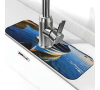 Faucet Mat for Kitchen Sink Super Absorbent Diatomite Fast Drying Stone Draining Mat 15" x 5.5" Non-slip Drain Pad Sink Mat Boat in Blue Water Dish Drying Mat for Kitchen Bathroom Counter