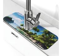 Faucet Mat for Kitchen Sink Super Absorbent Diatomite Fast Drying Stone Draining Mat 15" x 5.5" Non-slip Drain Pad Sink Mat Beautiful Island in The Sea Dish Drying Mat for Kitchen Bathroom Counter
