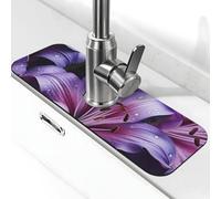 Faucet Mat for Kitchen Sink Super Absorbent Diatomite Fast Drying Stone Draining Mat 15" x 5.5" Non-slip Drain Pad Sink Mat Purple Lily Flowers Dish Drying Mat for Kitchen Bathroom Counter