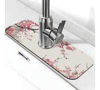 Faucet Splash Guard Drying Mat, Chinese Ink Painting Style Pink Plum Blossoms Non Slip Countertop Protector Drying Pad Faucet Sinkmat for Kitchen Bathroom