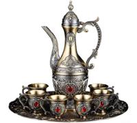 Fauhapyway Bronze Wine Jug Set 7pcs 24.5cm Decorative(Bronze Red) | Classic bronze aesthetic, intricate embossed details, 1 jug 6 glasses 1 tray, for ideal for parties, elegant centerpiece