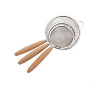 Fauhapyway Fine Mesh Metal Strainer Set 3 Sizes Kitchen | 3-piece set, fine mesh filtering, cool wood grip, hanging loops, flour tea juice straining