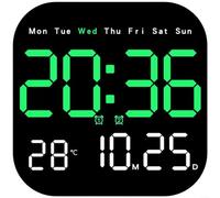 Fauhapyway Modern LED Wall Clock with Calendar, Thermometer, Moon Phase & Alarm, 10-Level Dimmable for Digital Desk Clock for Home Office(Green)