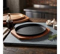 Fauhapyway Round Cast Iron Grill Pan 27cm Hot Stone for Steak BBQ with Acacia Wood Serving Base Kitchen Tool(29CM)