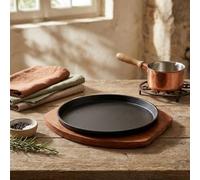 Fauhapyway Round Cast Iron Grill Pan 27cm Hot Stone for Steak BBQ with Acacia Wood Serving Base Kitchen Tool(27CM)