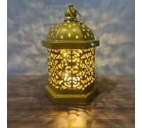 Fauhapyway Small Iron LED Lantern, Brass Effect Moroccan Hanging Light for Indoor Outdoor Decor(S)