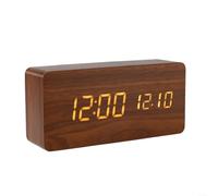Fauhapyway Wooden Digital Alarm Clock with Large LED Display, Time Date Temperature, Alarms for Bedroom Office Desk(Brown)