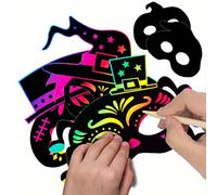 Fauitay 8 Pcs Scratch Art Face Covers, Skeleton Witch Pumpkin Cat Bat Ghost for Halloween Party Favors, with Elastic Ropes and Wood Stylus