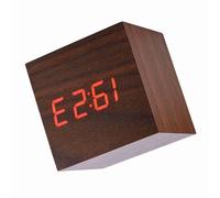 Fauitay Wooden Alarm Clock, LED Display Digital Clock with Voice Control and Temperature Thermometer, for Desk Bedroom Office (Brown Wood + red Light)