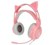 FAUOSWUK Cat Ear Gaming Headset, USB and 3.5mm Dual Plug Wired Gaming Headphones With Adjustable Volume Control One Key Microphone Mute for PC One Laptop (Pink)