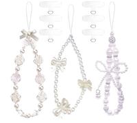FAURAPMNG 3 Pcs Phone Wrist Strap Beaded Pearl Bow Knot Charm Strap, Cute Flower Bow Y2k Lanyard with 6 Pcs Phone Tether Tab for Camera Keychain Pendant Decor