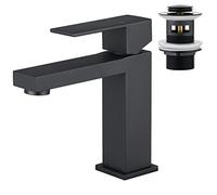 Faustina Bathroom Basin Mixer Tap Square with Pop-Up Drain Fitting, One Hole Monobloc Single Lever Bathroom Tap Black