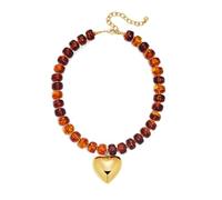 FAUTHENTICUTE Amber Beaded Choker Necklace With A Gold Heart Pendant Chunky Heart Statement Necklace For Women