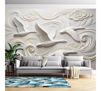 Faux 3D Embossed Wallpaper Peel and Stick Crane Flying Bird Relief Contact Paper 250Cm(H) X360Cm(W) Removable Self Adhesive Wallpaper for Living Room Bedroom-Luxury Nature Home Decor