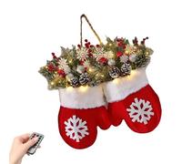 Faux Branches Christmas Mitten Wreath With LED Light Multiple Lighting Mode Festives Front Door Wall Hanging Decors Winter Themed Front Door Wreath Decors