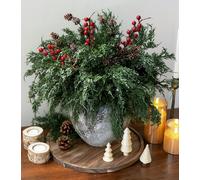 Faux Cedar Stems Artificial Norfolk Pine Branches for Christmas Decorations, 17 PCS Faux Pine Stems with Pinecones Red Berries Branches Realistic Faux Greenery for Vases DIY Garland Xmas Table Indoor