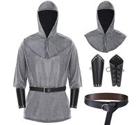 Faux Chain Mail Armor Men, Medieval Knight Costume with Shirt Hood Headpiece Renaissance Bracers Belt for Halloween Cosplay (Medium)