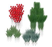 Faux Evergreen Sprays - Red Pome Twigs, Flexible Festive Greenery | Seasonal Decoration Bundle For Handmade Garland Project, Wreath Making Supply, Party Tabletop Accent, Indoor Winter Display