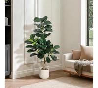 Faux Fiddle Leaf Fig Tree - 120cm Large Artificial Tree in Pot, Realistic Fake Ficus Lyrata Tree with White Planter, Artificial Potted Tree for Indoor Home Office Decor