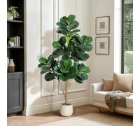 Faux Fiddle Leaf Fig Tree - 150cm Large Artificial Tree in Pot, Realistic Fake Ficus Lyrata Tree with White Planter, Artificial Potted Tree for Indoor Home Office Decor