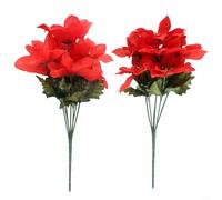 Faux Flower Bouquet Set Six Artificial Poinsettias, Each with Seven Heads for Seasonal Decor (Red)