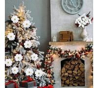 Faux Flower Bouquet Set Six Artificial Poinsettias, Each with Seven Heads for Seasonal Decor (White)