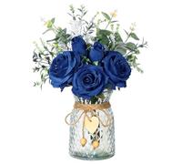 Faux Flowers with Vase Artificial Dark Blue Rose Flowers in Vase Fake Eucalyptus Plant Floral Arrangement for Table Centerpieces, Baby Shower, Home Kitchen Office Coffee Shop Decorations(Dark Blue)