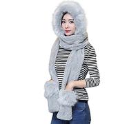 Faux Fur 3 in 1 Winter Women's Hooded Scarf With Mittens Neckwarmer Hoodie Pocket Hat Long Scarf Mittens Hat Set
