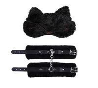 Faux Fur and Leather Handcuffs & Fox-Ear Blindfold 2-Piece Set, Couple's Bedroom Party Prop Set-UKRS57 (Black)