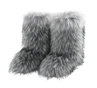Faux Fur Boots for Women Fuzzy Fluffy Furry Round Toe Suede Boot | Winter Snow Bootie Flat Shoes Mid-Calf Boots Outdoor Indoor