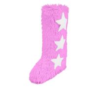 Faux Fur Boots for Women Plush Knee High Boot Pentagon Printed Snow Boots Ladies Flat Chunky Sole Boot Furry Mid Calf Booties Winter Warm Long Booties Candy-Colored Slip-On Bootie Round Toe Shoes