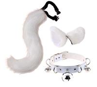 Faux Fur Cat Ears Hair Clip Furry Wolf Fox Long Tail Costume Halloween Party Neck Chocker Cosplay Set (White)