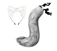 Faux Fur Cat Headband Ears Furry Foxes Tail Set Halloween Costumes Grey/White