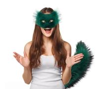 Faux Fur Cat Mask & Tail Set Realistic Cat Mask,Detachable Fluffy Tail,DIY Eye Color Cosplay Costume for Halloween