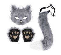 Faux Fur Cat Tail and Mask Gloves Wolf Cosplay Costume Set, Plush Cat Mask Fluffy Paw Gloves Halloween Christmas Party for Girls Women