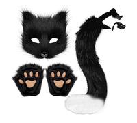 Faux Fur Cat Wolf Mask Tail And Gloves Set FoxTail Fluffy Cat Wolf Mask And Paw Gloves Cosplay Costume Animal for Halloween Christmas Party Women (Black)