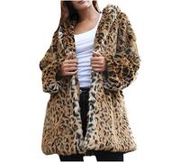Faux Fur Coat for Women UK Leopard Print Hooded Outerwear Ladies Winter Fleece Fluffy Jacket Oversized Padded Parka Jackets with Hood Plus Size Luxury Soft Warm Overcoat Mid-Length Cardigan Coats