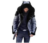 Faux Fur Coat Men,Men'S Faux Fur Lined Leather Jacket - Hooded Aviator Bomber Jacket, Thick Warm Winter Coat, Vintage Pilot Jacket, Shearling Trimmed Leather Outerwear,Padded For More Warmth
