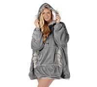 FAUX FUR EDGE Oversized Hoodie Blanket Women Ultra Plush Fleece Soft Sherpa Reversible Warm Cosy Comfy Wearable Hooded Giant Sweatshirt Throw Girls Adults Men Boys Kids Big Pocket (Grey)