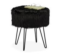 Relaxdays Fur Stool, Padded Plush, Round, Metal Frame, Dressing Table, HxD: 41 x 37 cm, Black, Fibreboard