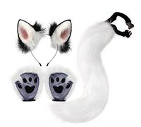 Faux Fur Fox Cat Ears Hair Headband Tail Gloves Set Fluffy Cat Fox Wolf Tail Ears Hair Clip Claw Gloves for Anime Fancy Dress Party Halloween Christmas Dress Up Carnival Role Play