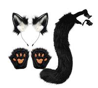Faux Fur Fox Ears Headband Paws & Tail Set - Anime Therian Costume for Adults Women Christmas Cosplay