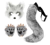 Faux Fur Fox Mask Tail Paw Gloves Set - Halloween Christmas Cosplay Party Costume for Women Girls Therian Kit