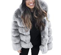 Faux Fur Hooded Coats for Women UK Winter Jackets Thermal Thick Jackets Warm Plush Outerwear Double Faced Fleece Hoodies Casual Jumpers Open Front Ladies Cardigan Overcoat Pro Skin Outerwear Grey