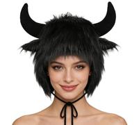 Faux Fur Horn Hat Winter Devil Horns Trapper Hat Plush Demon Earflaps Cap Novelty Animal Cow Ox Horn Buffalo Ears Beanie Cap Halloween Carnival Cosplay Party Fancy Dress Costume for Men Women Black