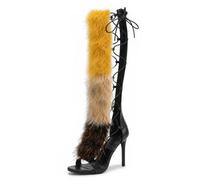 Faux Fur Knee High Heels for Women, Strappy Lace Up Stiletto Sandal Boots