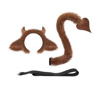 Faux Fur Plush Bull Cow Ears and Tail Set Cute Animal Theme Costume Headwear Devil Horns Headband with Long Tail for Adult Halloween Carnival Cosplay Fancy Dress Party Stage Performance Supplies