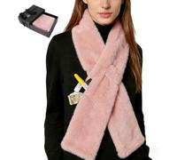 Faux-Fur Pull Through Scarf With Hidden Zipper Pocket for Women, Fur Neck Collar Scarf Cozy Wrap Secure Concealed Storage (Pink)